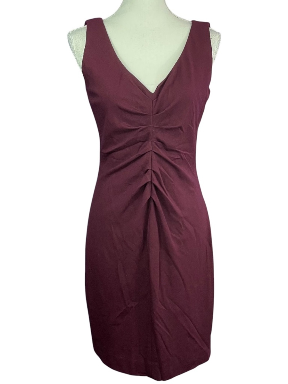Elie Tahari Ruched Cocktail Dress 8 Eggplant Purple Sleeveless V-Neck Burgundy